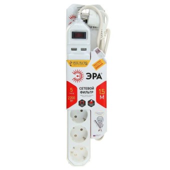 Сетевой фильтр "ЭРА" + 2 USB  У5-Евк с зазем.. (белый/черный) 1.5м М