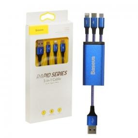 Кабель 3 в 1  Micro+Lightning + Type-C 3A Rapid Baseus синий