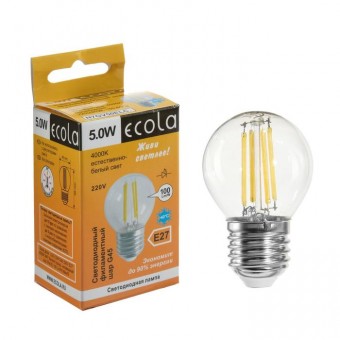 Лампа светодиодная Ecola шар G45 Е27 6W 4000К прозрачная 68х45 нитевидная