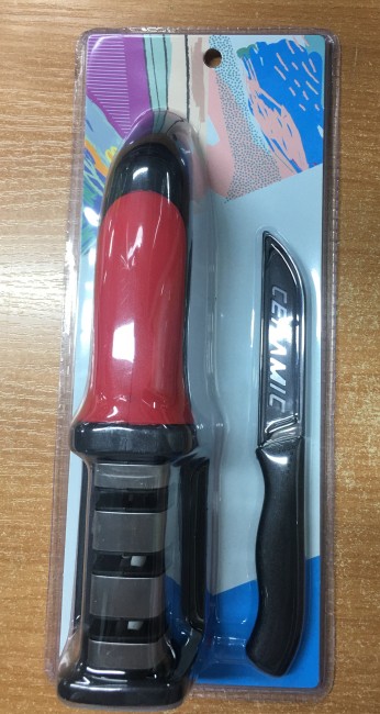 Ножеточка  тройная HX-001 + нож керамика  на блистаре